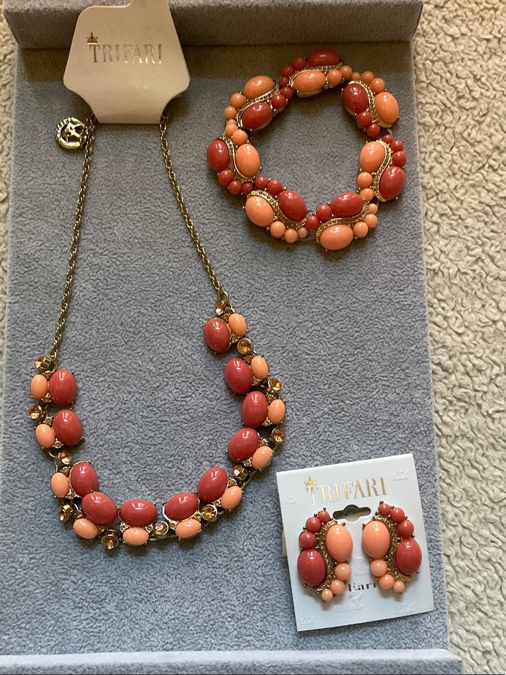 Trifari Coral and Peach Bead Jewelry Set with Gold-Tone Accents
